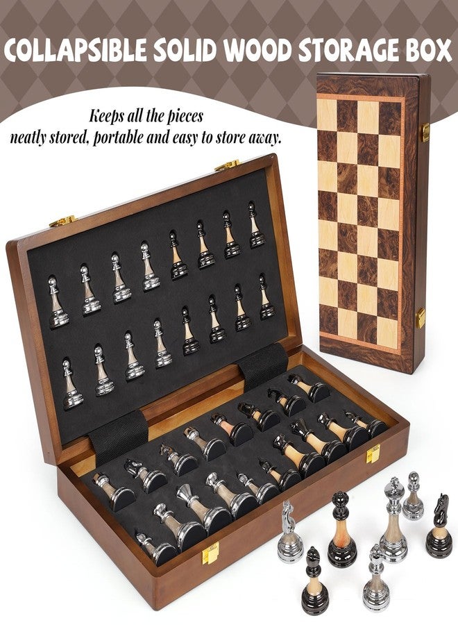 GHOOI Luxury Large Chess Set 17 Inch Wooden Chess Board with Metal and Acrylic Chess Pieces, 3.5" King, 2 Extra Queens, Foldable Tournament Chess Set for Adults and Kids, Gift Display Chess Game Collection - Image 4